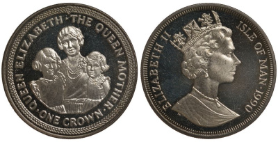 Остров Мэн 1 крона 1990 Елизавета, королева мать с детьми КМ 220 медно-никель UNC 1078-5-21