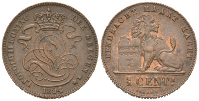Бельгия 1 сантим 1894 Belgen, Леопольд II (1865-1909) KM 34.1 медь aUNC 4621-639