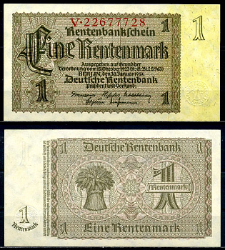 Германия 1 рентенмарка 1937 30 января 1937, серия V, номер 8-значный Pick 173, Розенберг 166b бумага аUNC 3295-27-3-2