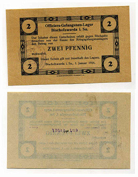 Германия 2 пфеннига 1916 Бишофсверда в Саксонии, лагерь военнопленных офицеров и тюрьмы, в нагрузку C-2751 бумага UNC (пресс) 000-00-00