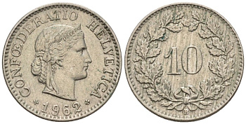 Швейцария 10 раппенов 1962 В KM 27 медно-никель 4576-952