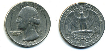 США 25 центов (квотер) 1965 Вашингтон KM 164а медь плакированная медно-никелем 46-1824