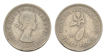 Родезия и Ньясаленд 3 пенса 1957 Елизавета II (1952-2022), цветок глориоза KM  3 медно-никель    4640-919