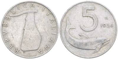 ИТАЛИЯ 5 ЛИР 1954 R, РУЛЬ, ДЕЛЬФИН KM 92 алюминий 95-751