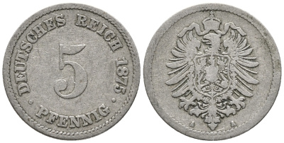 ГЕРМАНИЯ 5 ПФЕННИГОВ 1875 A, СТАРОГЕРБОВКА KM 3, J. 3 медно-никель 39-332