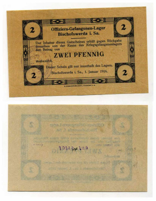 Германия 2 пфеннига 1916 Бишофсверда в Саксонии, лагерь военнопленных офицеров и тюрьмы, в нагрузку C-2751 бумага UNC (пресс) 000-00-00