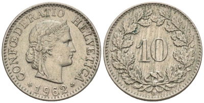 Швейцария 10 раппенов 1962 В KM 27 медно-никель 4576-952