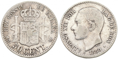 ИСПАНИЯ 50 СЕНТИМО 1880 MS-M, АЛЬФОНСО XII KM 685 серебро 44-1038