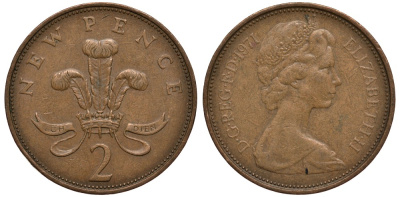 Великобритания 2 пенса 1971 Елизавета II (1952-2022) KM 916, Spink 4235 (C1) бронза 4182-654
