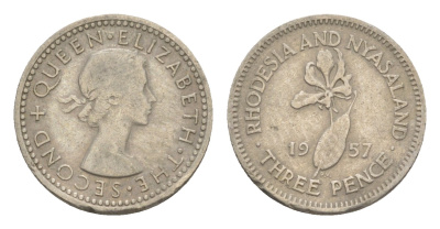 Родезия и Ньясаленд 3 пенса 1957 Елизавета II (1952-2022), цветок глориоза KM  3 медно-никель    4640-919