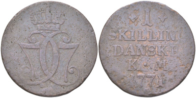 Дания 1 скиллинг 1771 КМ, Кристиан VII (1766-1808) KM 616 медь 4389-1116