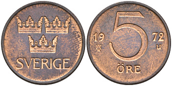 Швеция 5 эре 1972 Густав VI Адольф (1950-1973) KM 845 бронза 4585-316