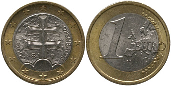 Словакия 1 евро 2009 MK, герб Словакии (Двойной крест на трех холмах) KM 101 биметалл 4573-935