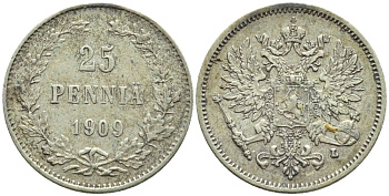 Россия для Финляндии 25 пенни 1909 L, Николай II (1894-1917) KM 6.2, Биткин 417 серебро 57-1133