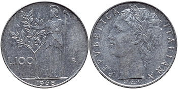 ИТАЛИЯ 100 ЛИР 1968 R, АФИНА KM 96.1 сталь 4394-546