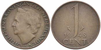 Нидерланды 1 цент 1948 Вильгельмина (1890-1948), год тип KM 175 бронза 112-319