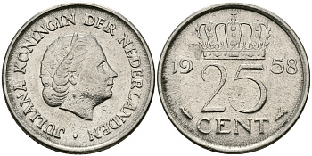 НИДЕРЛАНДЫ 25 ЦЕНТОВ 1958 ЮЛИАНА KM 183 никель 96-138