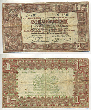 Нидерланды 1 гульден 1938 серебряный ваучер, в серии 2 буквы, 6 цифр Pick 61, Akkermans 4.1 b бумага 6283-9-3