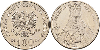 Польша 100 злотых 1988 MW, серия Польские правители, королева Ядвига (1384-1399) KM 183 медно-никель  UNC  4149-244