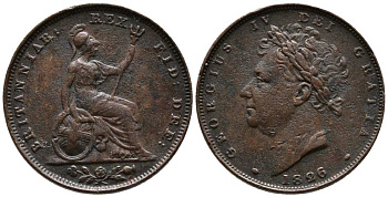 Великобритания 1 фартинг 1826 Георг IV (1820-1830) KM 697, Spink 3825 медь 1518-1024