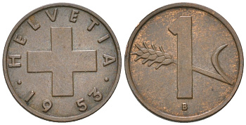 Швейцария 1 раппен 1953 B KM 46 бронза 4115-1048