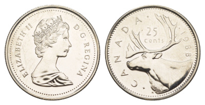 Канада 25 центов 1988 Елизавета II (1952-2022), олень KM 74 никель PROOF-LIKE (BU) 4638-535