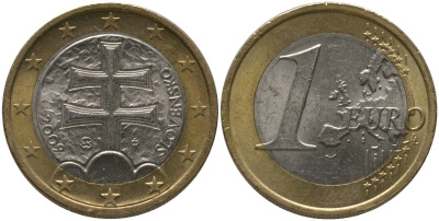 Словакия 1 евро 2009 MK, герб Словакии (Двойной крест на трех холмах) KM 101 биметалл 4573-935