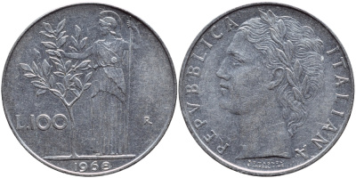 ИТАЛИЯ 100 ЛИР 1968 R, АФИНА KM 96.1 сталь 4394-546