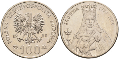 Польша 100 злотых 1988 MW, серия Польские правители, королева Ядвига (1384-1399) KM 183 медно-никель  UNC  4149-244