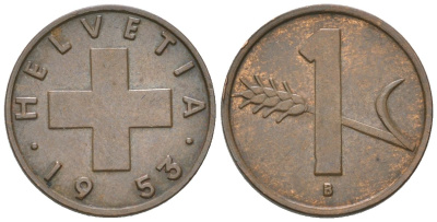 Швейцария 1 раппен 1953 B KM 46 бронза 4115-1048