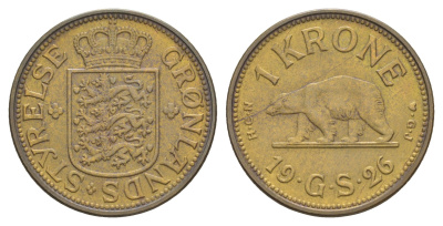 Гренландия 1 крона 1926 NCN; CJ, медведь, датская колония, Кристиан X (1912-1947) KM 8 алюминиевая бронза 441-635