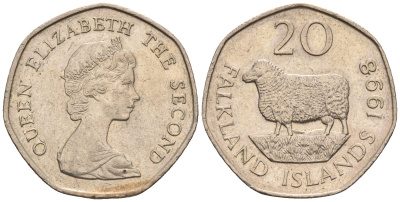 Фолклендские острова 20 пенсов 1998 Елизавета II (1952-2022), овца Ромни-марш KM 17 медно-никель 87-452