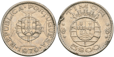 Португальский Тимор 5 эскудо 1970 год тип KM 21 медно-никель 08-1014