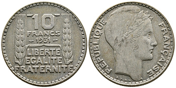 Франция 10 франков 1931 Пьер Тюрен KM 878, Le Franc 360.4 серебро 79-1412