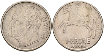 Норвегия 1 крона 1959 лошадь, Улаф V (1958-1991) KM 409 медно-никель 4111-621