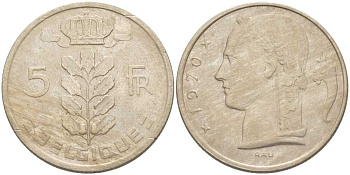 БЕЛЬГИЯ 5 ФРАНКОВ 1970 BELGIQUE, БОДУЭН I (1951-1993) KM 134.1 медно-никель 213-611