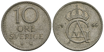 Швеция 10 эре 1966 U, Густав VI Адольф (1950-1973) KM 835 медно-никель 4136-869