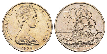 Новая Зеландия 50 центов 1975 Елизавета II (1952-2022), птичка киви KM 37 медно-никель UNC 51-4743