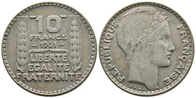 Франция 10 франков 1931 Пьер Тюрен KM 878, Le Franc 360.4 серебро 79-1412