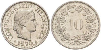 Швейцария 10 раппенов 1970 KM 27 медно-никель 55-433