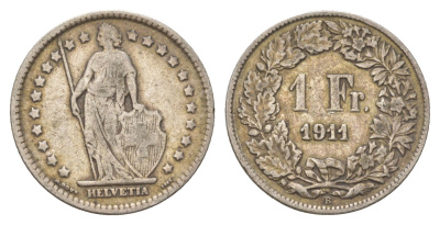 Швейцария 1 франк 1911 KM 24 серебро 4622-444