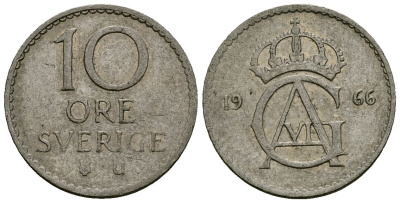 Швеция 10 эре 1966 U, Густав VI Адольф (1950-1973) KM 835 медно-никель 4136-869