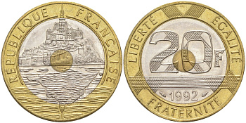 Франция 20 франков 1992 ГОРА СЕН-МИШЕЛЬ KM 1008.1, Le Frank 403.2 триметалл 3855-1124