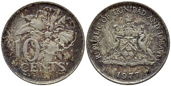 Тринидад и Тобаго 10 центов 1977 цветок гибискуса KM 31 медно-никель 4396-856