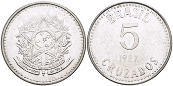 Бразилия 5 крузадо 1987 реформа (1986-1989) KM 606 нержавеющая сталь 65-254