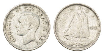 Канада 10 центов 1951 Георг VI (1936-1952) KM 43 серебро 4623-865