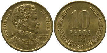 Чили 10 песо 1996 So KM 228.2, Schon 82 алюминиевая бронза aUNC 4544-625