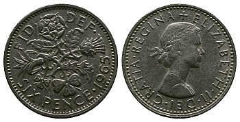 Великобритания 6 пенсов 1965 Елизавета II (1952-2022) KM 903, Spink 4149 медно-никель 4381-836