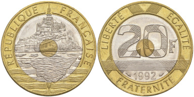 Франция 20 франков 1992 ГОРА СЕН-МИШЕЛЬ KM 1008.1, Le Frank 403.2 триметалл 3855-1124