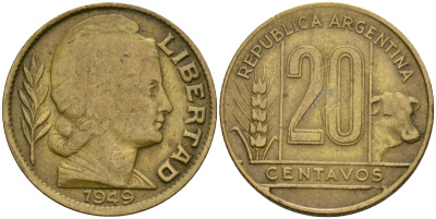 Аргентина 20 сентаво 1949 KM 42 алюминиевая бронза 4132-133